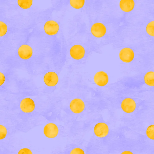 波尔卡点水彩画无缝图案 摘要紫色背景上的水彩画黄色圆圈 手绘圆形纹理 纺织品 包装纸印刷 — 图库照片