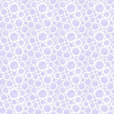Kabarcıklar sulu boya desenleri. Beyaz daireli soyut mor lavanta rengi suluboya arka plan. Elle çizilmiş yuvarlak bir doku. Tekstil, duvar kağıdı, ambalaj kağıdı için yazdır.