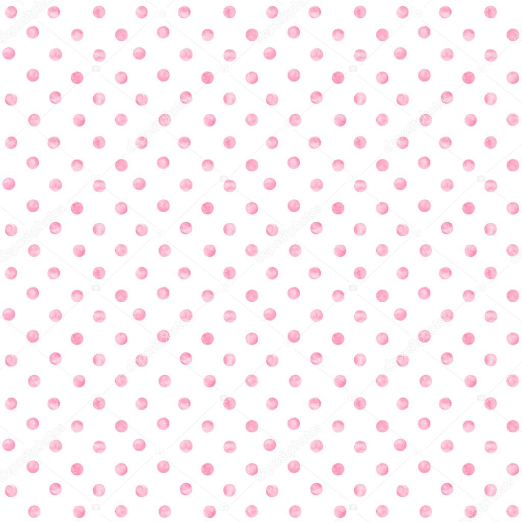 Polka dot pink watercolor seamless pattern. Abstract watercolour color circles on white background. Hand drawn round shaped texture. Print for textile, wallpaper, wrapping paper.