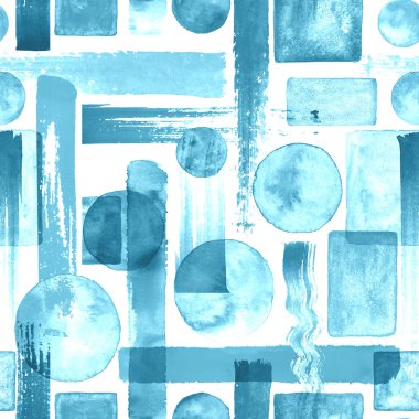 Çağdaş sanatın kusursuz bir geçmişi var. Soyut grunge geometrik şekiller. Suluboya el mavi daireler, dikdörtgenler, kare dokular çizdi. Tekstil, duvar kağıdı ve ambalaj için suluboya baskı.