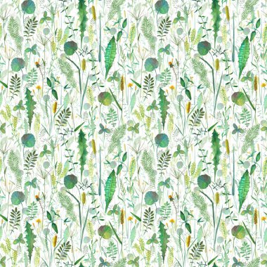 Kusursuz desenli çayır çiçekleri, otlar, otlar. Suluboya el, beyaz arka plana botanik çizimler yaptı. Çiçekli suluboya bitkisel süs. Tekstil, duvar kâğıdı ve ambalaj için yazdır.