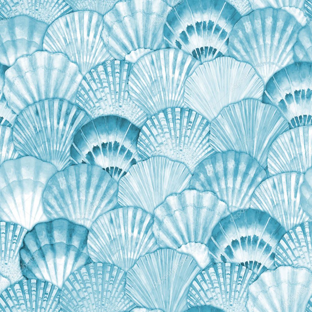 Watercolor sea shell seamless pattern. Hand drawn seashells texture ocean teal background. Watercolour marine illustration. Print for wallpaper, fabric, textile, cover, wrapping paper, banner, card