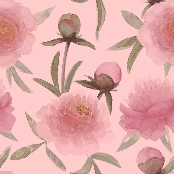 Watercolor Pink Peonies Flowers Beautiful Floral Seamless Pattern Watercolour Hand — Stock Photo, Image