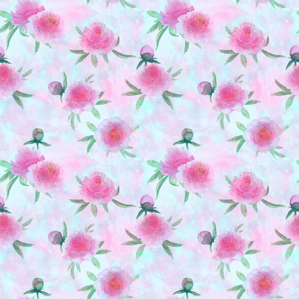 ピンク色の牡丹の花 美しい花のシームレスなパターン 水彩手描き春の植物イラスト テキスタイル ファブリック 包装紙のデザインのための印刷 — ストック写真