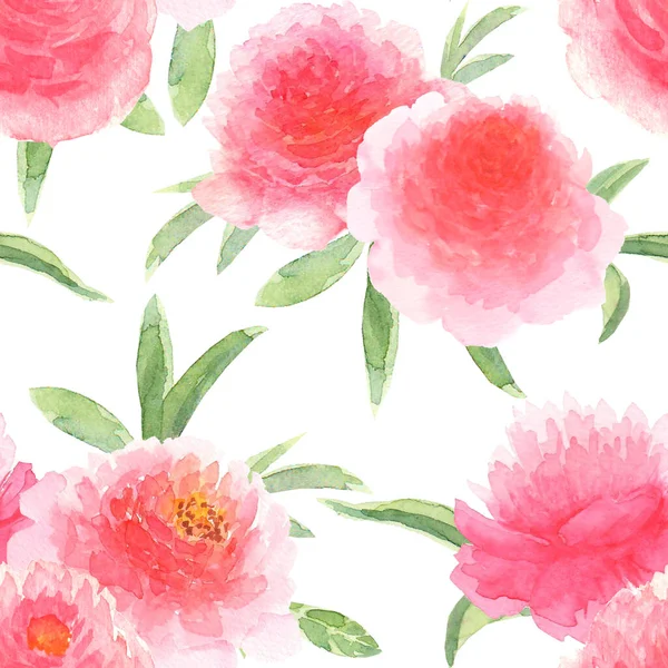 ピンク色の牡丹の花 美しい花のシームレスなパターン ホワイトを基調に春の植物イラストを描いた水彩手描き テキスタイル ファブリック 包装紙のための印刷 — ストック写真