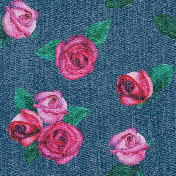 ジーンズファッション花の背景 バラの花とデニムブルーグランジテクスチャシームレスパターン 織物素材綿の質感 — ストック写真
