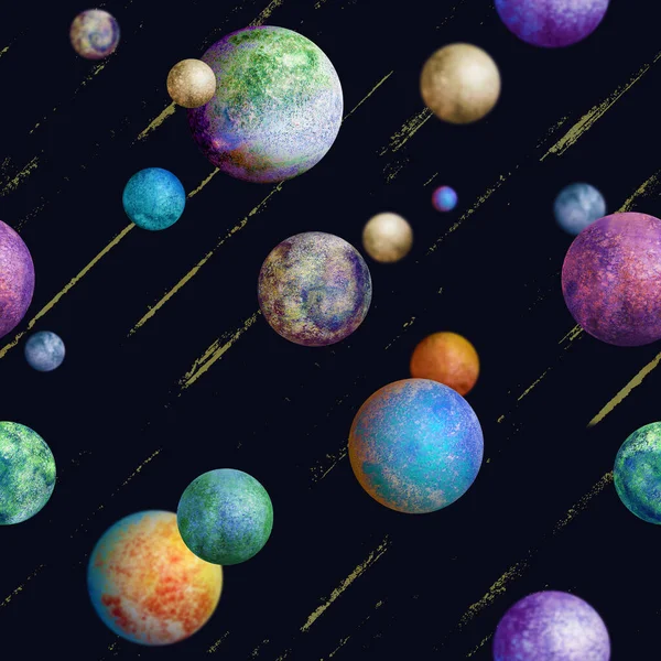 Colorful watercolor planets seamless pattern on dark purple universe background. Watercolour hand drawn abstract planet balls magic illustration. Color abstract geometric round shape sphere texture.