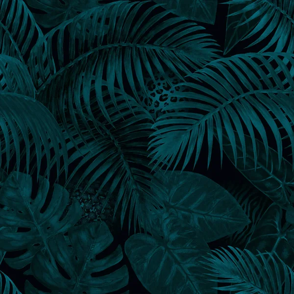 Acuarela Abstracta Noche Verano Patrón Sin Costuras Con Plantas Tropicales — Foto de Stock