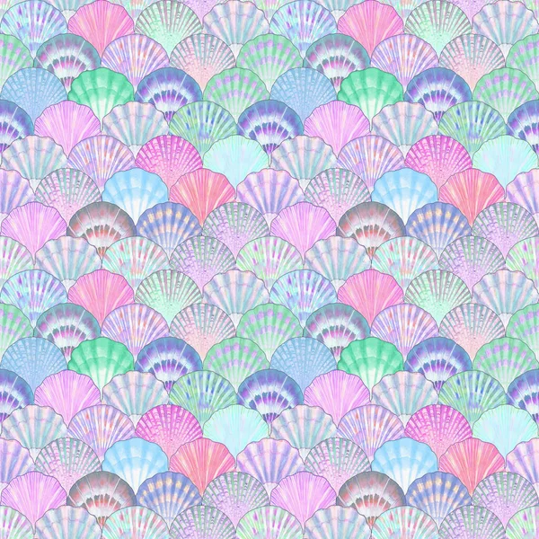 水彩の貝殻日本の波のシームレスなパターン 手描きの貝殻の質感ヴィンテージ海の背景 水彩海図 ファブリック テキスタイル カバー ラッピングのための印刷 — ストック写真