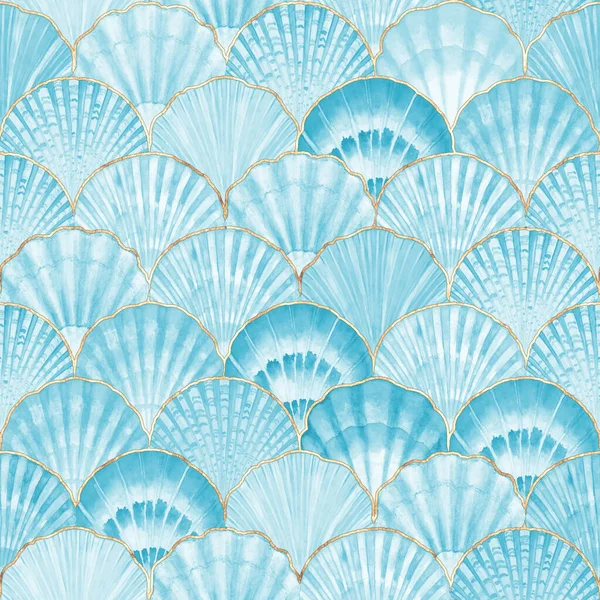 Watercolor Sea Shell Japanese Waves Seamless Pattern Hand Drawn Teal — Stock Photo, Image