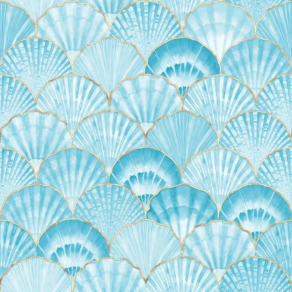 Watercolor Sea Shell Japanese Waves Seamless Pattern Hand Drawn Teal — Stock Photo, Image