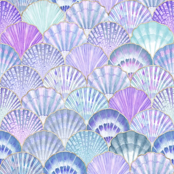 Watercolor sea shell japanese waves seamless pattern. Hand drawn seashells texture vintage ocean background. Watercolour marine illustration. Print for wallpaper, fabric, textile, cover, wrapping.