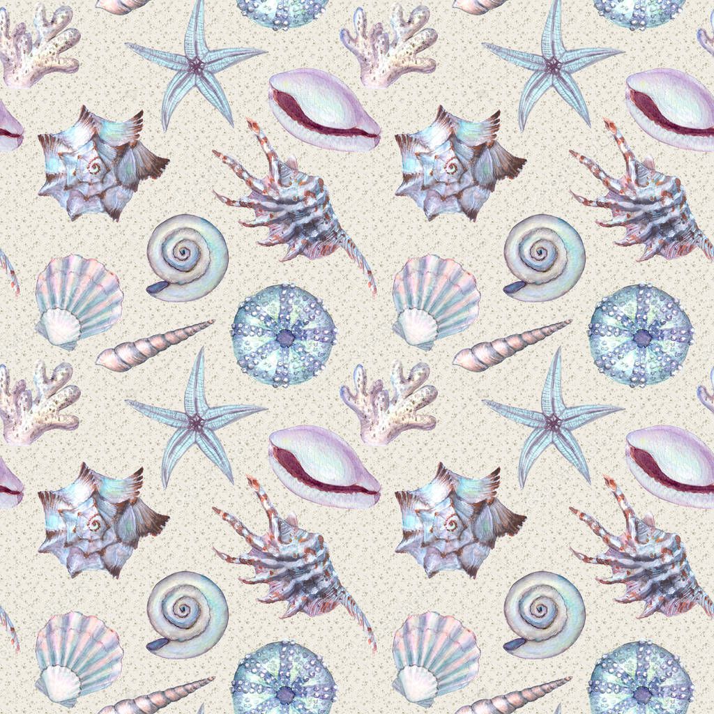 Watercolor sea shell seamless pattern. Hand drawn seashells texture vintage ocean background. Watercolour marine illustration. Print for wallpaper, fabric, textile, cover, wrapping paper, banner, card