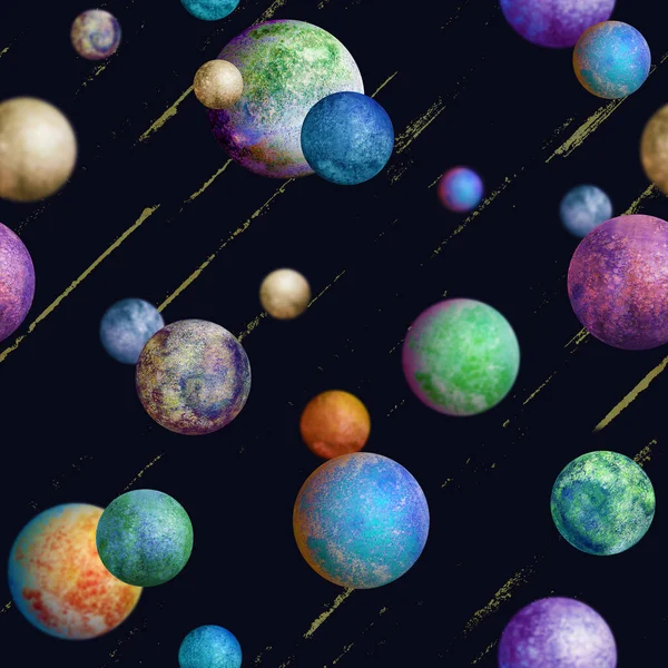 濃い紫色の宇宙背景にカラフルな水彩惑星のシームレスなパターン 水彩手描き抽象的な惑星のボール魔法のイラスト 抽象的な幾何学的な円形の球状のテクスチャ — ストック写真