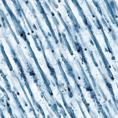 Suluboya yağmuru kusursuz bir şekilde düşer. Suluboya elle çizilmiş yaratıcı doku. Mavi renk beyaz arkaplanda akan yağmur damlaları. Tekstil, kumaş, duvar kağıdı, ambalaj kağıdı baskısı.