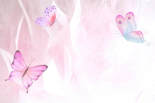 Abstract wedding horizontal butterfly background. Pastel light pink backdrop with colorful butterflies. Watercolor hand drawn illustration. Mixed media art collage. Space for text.