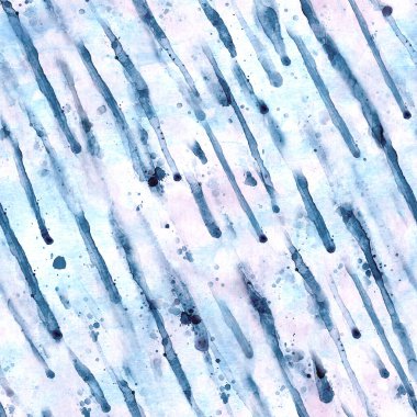 Suluboya yağmuru kusursuz bir şekilde düşer. Suluboya elle çizilmiş yaratıcı doku. Arkaplandaki yağmur damlalarından akan mavi renk. Tekstil, kumaş, duvar kağıdı, ambalaj kağıdı baskısı.