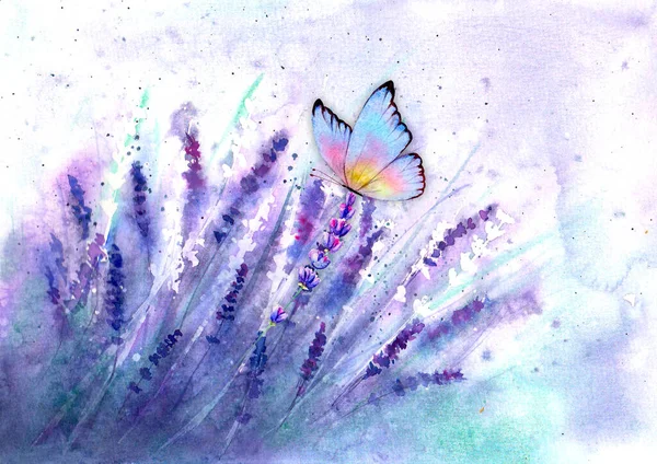 カラフルな蝶と草原ラベンダー水平背景 水彩手描きのボタニカルイラストでボケ効果あり 花色のハーブの背景 テキストのスペース — ストック写真