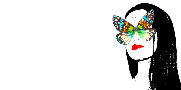 水彩色鮮やかな蝶と現代アートファッション女性の肖像画 白い背景に赤い唇を持つ美しい女性の顔 コラージュ作品 スキンケア 美容のコンセプト — ストック写真