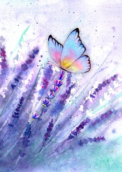 Äng Lavendel Horisontell Bakgrund Med Färgglada Fjäril Akvarell Handritad Lila — Stockfoto