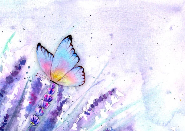 Äng Lavendel Horisontell Bakgrund Med Färgglada Fjäril Akvarell Handritad Lila — Stockfoto