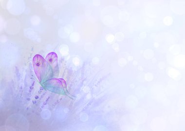 Renkli kelebekli lavanta renkli arka plan. Suluboya el, Bokeh efektli mor botanik çizim yaptı. Çiçekli suluboya bitki arkaplanı. Metin için boşluk.