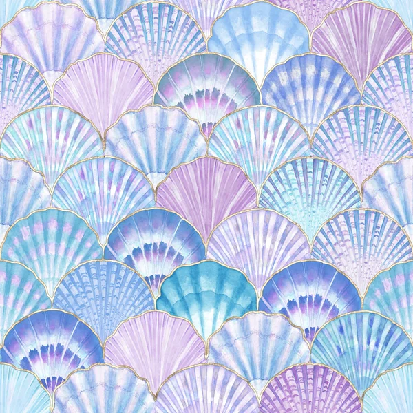 Watercolor sea shell japanese waves seamless pattern. Hand drawn seashells texture vintage ocean background. Watercolour marine illustration. Print for wallpaper, fabric, textile, cover, wrapping.