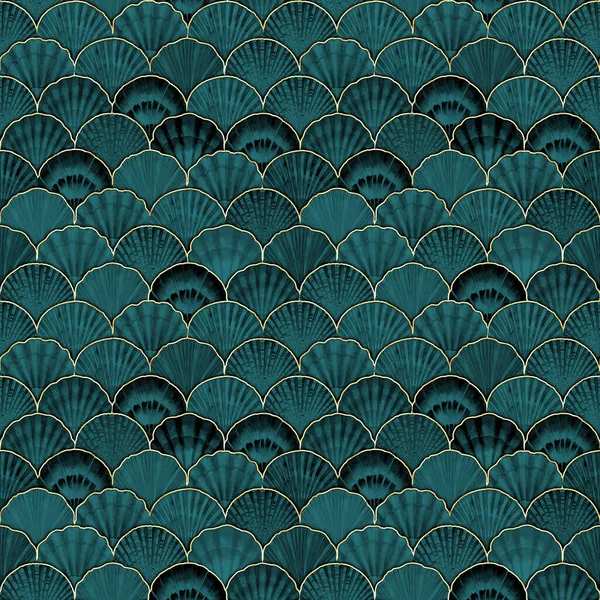 日本水彩海贝壳波纹无缝 手绘海贝壳质感古老的海洋背景 水彩画 纺织品 包装材料印刷 — 图库照片