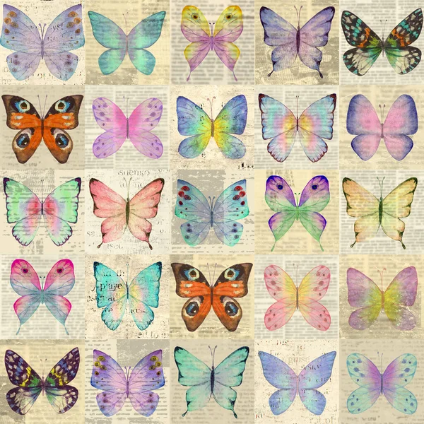 Papier Grunge Zeitungspapier Patchwork Nahtlose Muster Mit Bunten Aquarell Schmetterlinge — Stockfoto