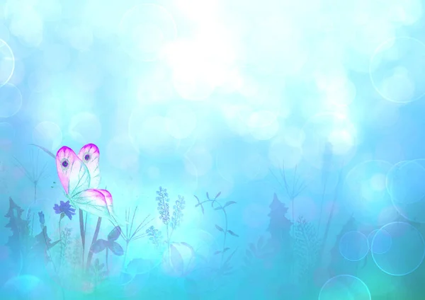 Wiese Wildblumen Kräuter Gräser Horizontal Hintergrund Mit Bunten Schmetterling Aquarell — Stockfoto