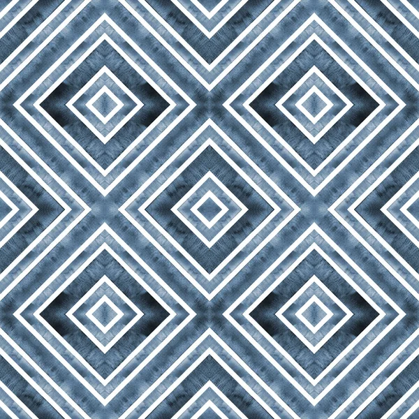 Watercolor Geometric Rhombus Squares Seamless Pattern Indigo Blue Stripes White — Stock Photo, Image