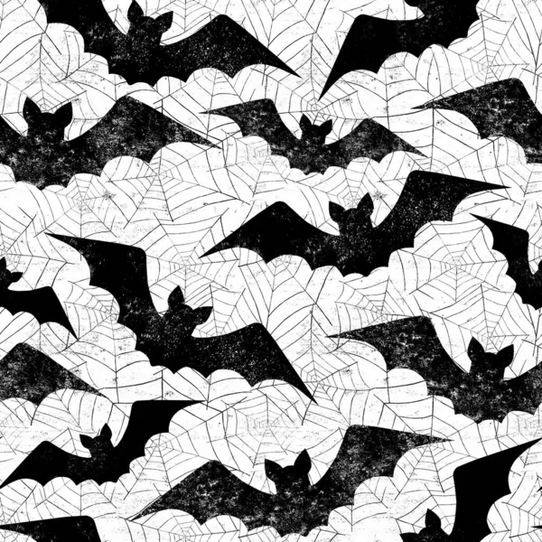 Halloween Grunge Hladký Vzor Černými Siluetami Létajících Netopýrů Pavučiny Bílém — Stock fotografie