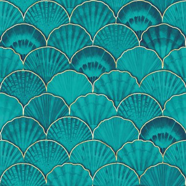 Suluboya deniz kabuğu Japon dalgaları pürüzsüz desen. El yapımı deniz kabuğu deseni klasik okyanus arkaplanı. Suluboya deniz çizimi. Duvar kağıdı, kumaş, tekstil, kapak, ambalaj için yazdır.