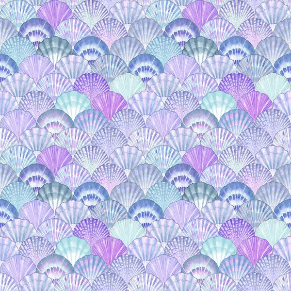 Watercolor sea shell japanese waves seamless pattern. Hand drawn seashells texture vintage ocean background. Watercolour marine illustration. Print for wallpaper, fabric, textile, cover, wrapping.