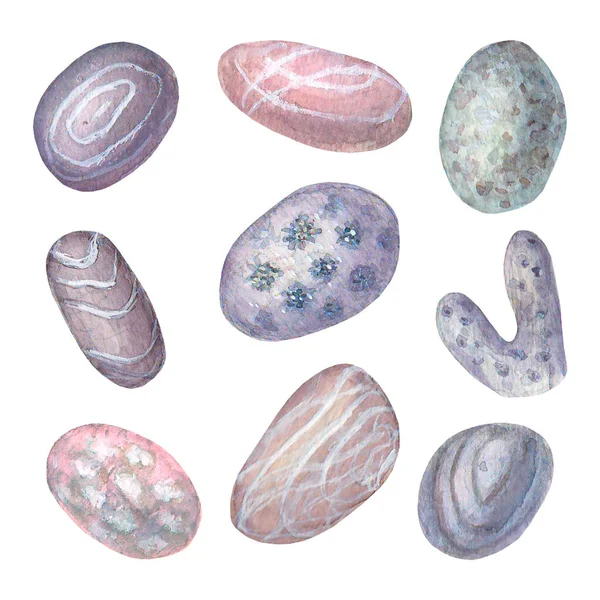 Kamienie Morskie Akwarela Zestaw Ręcznie Rysowane Kamyki Morskie Tekstury Vintage — Zdjęcie stockowe