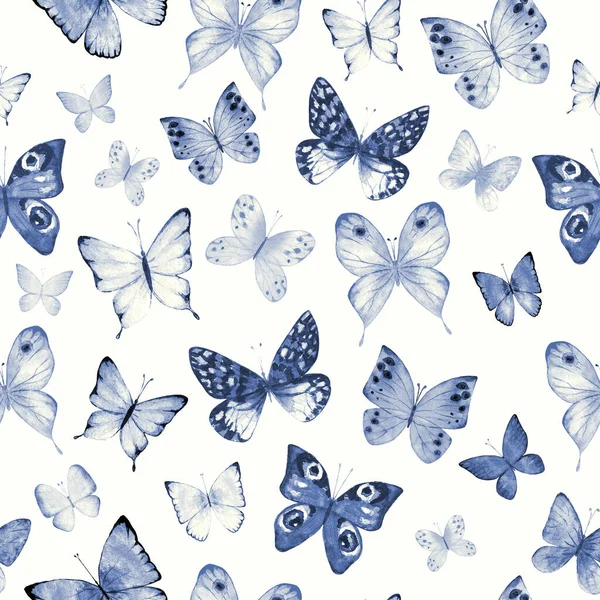 Patrón Verano Botánico Acuarela Sin Costuras Con Mariposas Color Azul — Foto de Stock