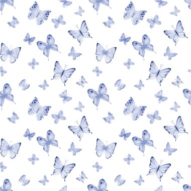 Beyaz arka planda çivit mavisi kelebekleri olan kusursuz suluboya botanik yaz deseni. Suluboya el kelebek deseni çizmiş. Kumaş tasarımı, duvar kağıdı, ambalaj kağıdı için yazdır
