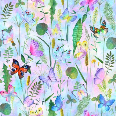 Renkli kelebeklerle, çayır çiçekleriyle, yabani otlarla, otlarla suluboya elle çizilmiş botanik desenli kusursuz suluboya yaz deseni. Kumaş tasarımı, duvar kağıdı, ambalaj kağıdı için yazdır.