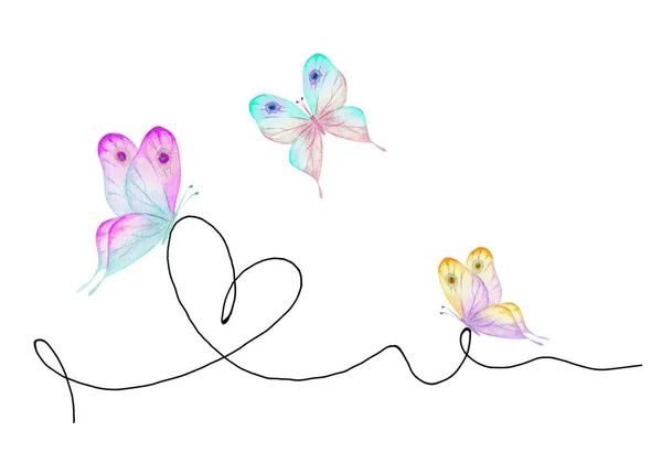 Handgezeichnetes Herz Mit Schwarzen Umrissen Und Aquarellierten Schmetterlingen Auf Weißem — Stockfoto