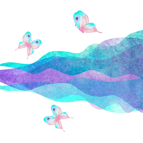 Watercolor Transparent Wave Purple Lavender Teal Blue Background Watercolour Hand — Stock Photo, Image