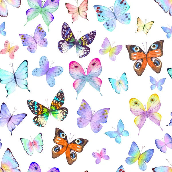 Beyaz arka planda renkli kelebekler olan kusursuz suluboya botanik yaz deseni. Suluboya el bitkisel kelebek dokusu çizdi. Kumaş tasarımı, duvar kağıdı, ambalaj kağıdı için yazdır.