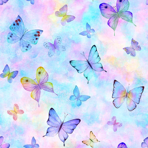 Naadloze Aquarel Botanische Zomer Patroon Met Kleurrijke Vlinders Achtergrond Aquarel — Stockfoto