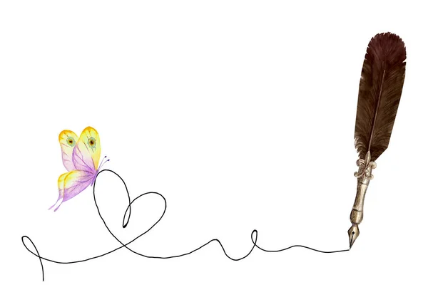 Ручной Рисунок Сердца Акварелью Старомодный Перо Фонтан Бабочка Изолированы Белом — стоковое фото