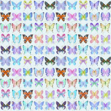 Mavi arka planda renkli suluboya kelebekleri olan kusursuz botanik yaz deseni. Suluboya el bitkisel kelebek dokusu çizdi. Kumaş tasarımı, duvar kağıdı, ambalaj kağıdı için yazdır.