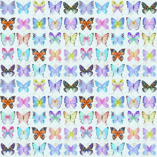 青い背景にカラフルな水彩蝶とシームレスな植物夏のパターン 水彩手描きの植物蝶無限の質感 生地デザイン 包装紙のための印刷 — ストック写真