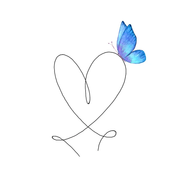 Hand drawn heart with black outline and watercolor butterfly isolated on white background. Continuous line in form of heart. One line drawing. Template for t-shirt, poster, banner, greeting card.