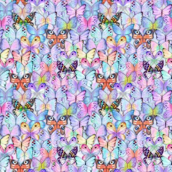 无缝隙水彩画的夏季植物图案 有五彩斑斓的蝴蝶背景 水彩画手绘植物蝴蝶无穷无尽的质感 织物设计印刷 包装纸 — 图库照片