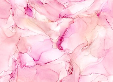 Soyut alkol mürekkebi likit lüks, hassas pastel pembe arka plan. El yapımı sıvı lekeleri, sıçrama izleri. Mermer etkisi dokusu. Metin için boşluk.