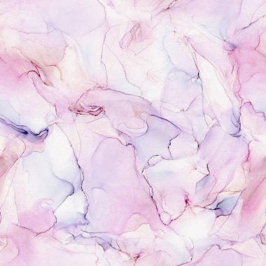 Soyut alkol mürekkebi sıvı lüks arka plan. Elle çizilmiş lavanta mor sıvı lekeleri, pürüzsüz elementler sıçratıyor. Tekstil, kumaş, duvar kağıdı, ambalaj kağıdı baskısı.