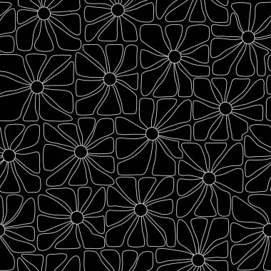 Siyah arka planda beyaz papatya hatlarıyla biçimlendirilmiş kusursuz modern çiçek deseni. Tekstil, duvar kağıdı, moda baskıları ve çağdaş yüzey tasarım projeleri için uygun cesur bir minimalist tasarım..